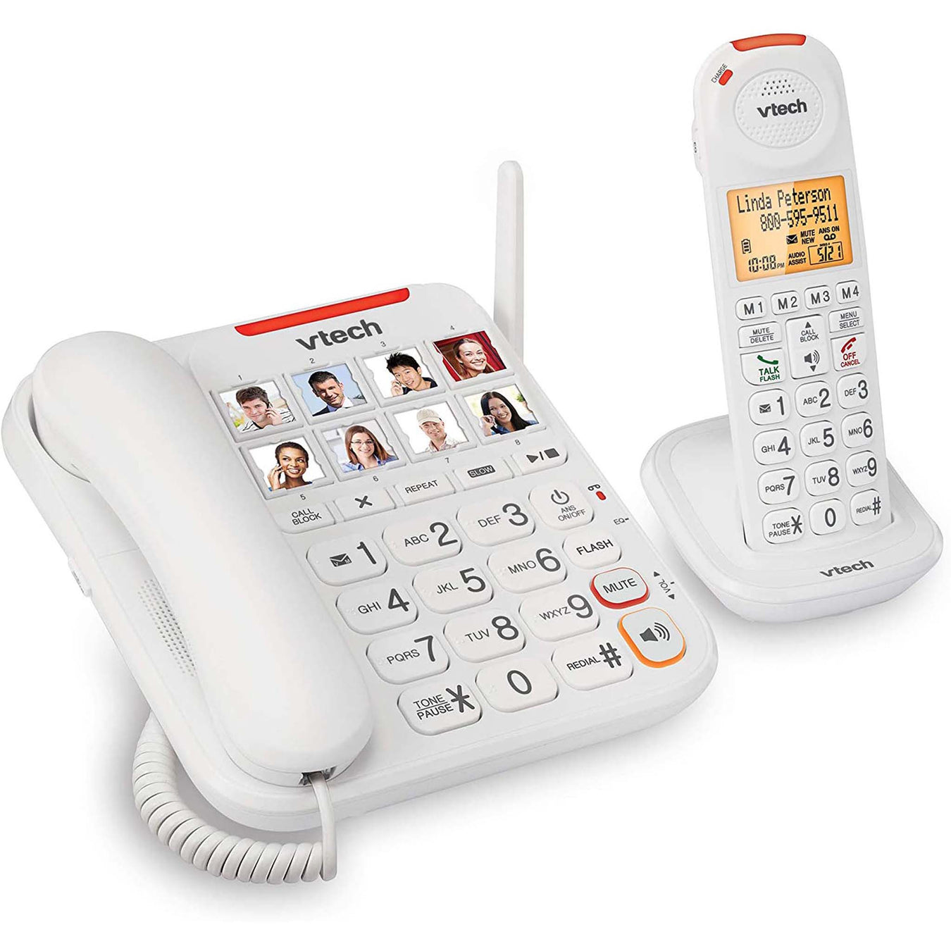 White VTech corded amplified desk phone with photo memory dial buttons.  Beside it sits a cordless phone on the charging base that is included as a package set. 