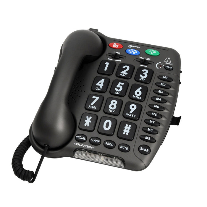 Geemarc Amplipower60 Extra Loud Amplified Telephone on a white background.  Large buttons, volume and tone controls as well as 9 memory buttons to store phone numbers.