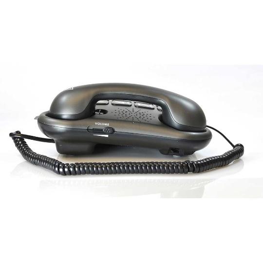 Side view of the Geemarc Amplipower60 Extra Loud Telephone Amplified Phone on a white background. The Speakerphone volume slide is shown.