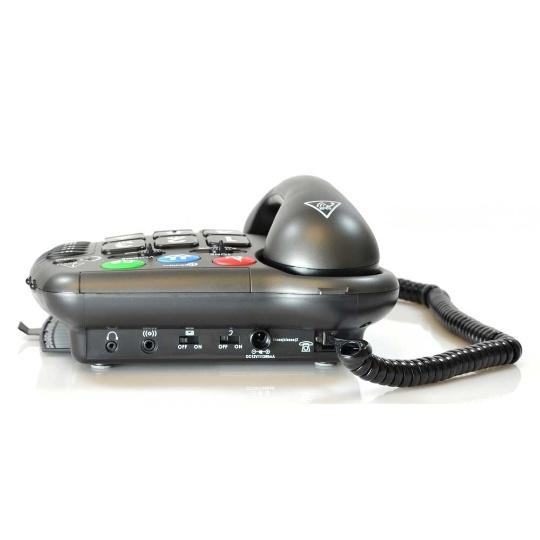 Back side view of the Geemarc Amplipower60 Extra Loud Amplified Telephone. Places to plug in a headset, bed shaker, power adaptor and phone line.  Also switch options for answering system and boost override setting. The boost override switch will allow access to maximum amplification with every call if needed. Set this for all calls or adjust as you talk to each individual person..