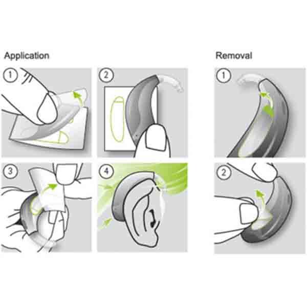 Phonak Stick 'n' Stay Hearing Aid Stickers (30 pair) 098-0353 Phonak See how to remove the stickers from the backing paper and apply it to the hearing aid and skin behind the ear.