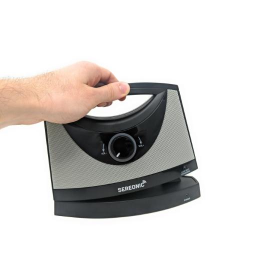 Serene Innovations Sereonic TV Soundbox - Wireless TV Speaker with Optical & Analog Connectivity BT200 speaker lifts off the charging base to sit beside you.