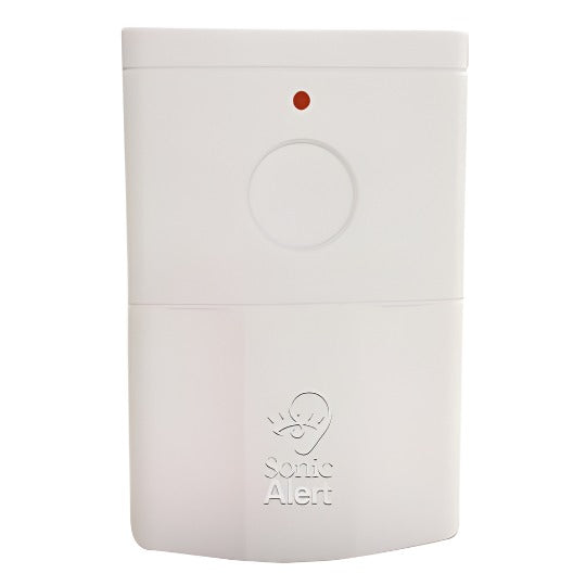 Sonic Alert HomeAware Smoke & CO Sound Signaler HA360SSSCK2-1. White rectangular box similar to the size of a box of playing cards with a red light indicator for signal transmitting.