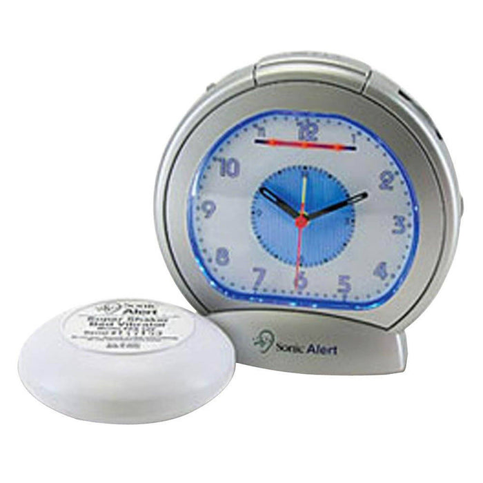Sonic Alert Sonic Boom Vibrating Alarm Clock SBA475ss with analog clock face and bed shaker.