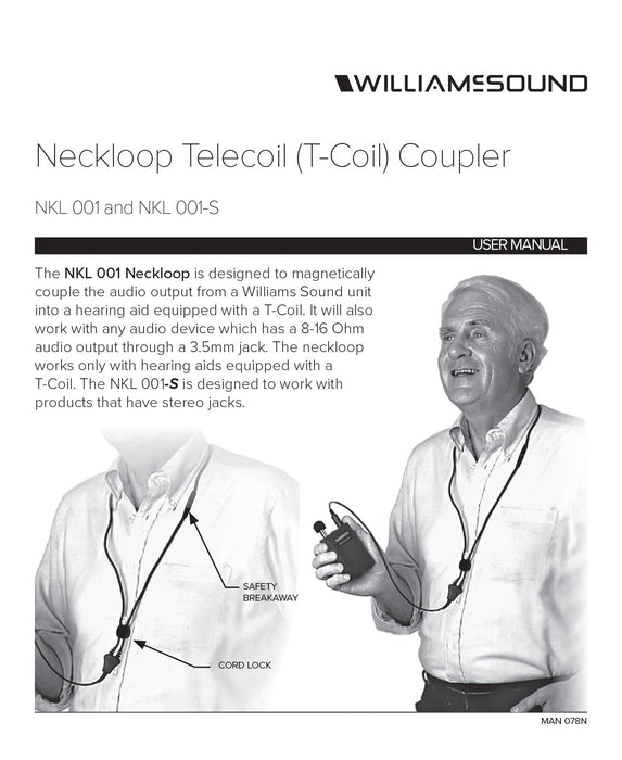 Williams Sound Neckloop 18" (Mono Plug) NKL 001 Feature Sheet showing a man wearing the neckloop and using it with the Pocketalker Pro model.