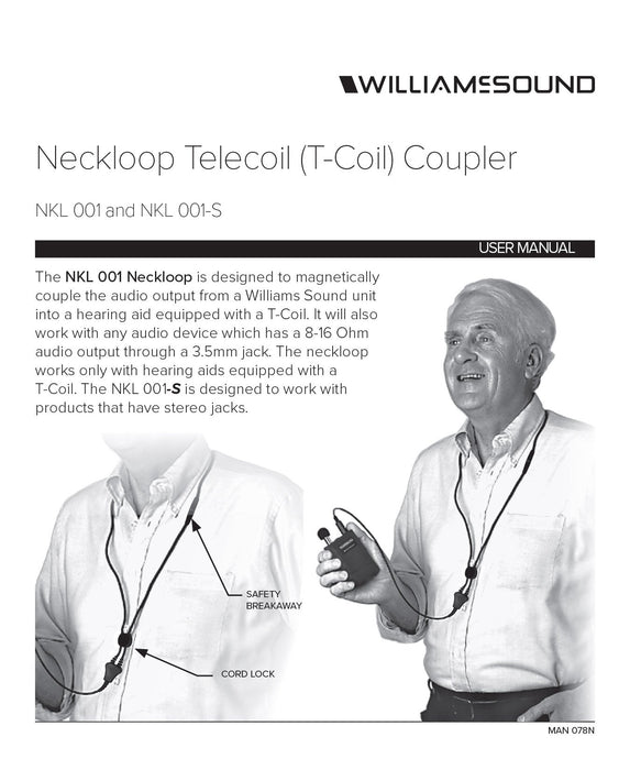 Williams Sound Neckloop 18" (Mono Plug) NKL 001 Feature Sheet showing a man wearing the neckloop and using it with the Pocketalker Pro model. 