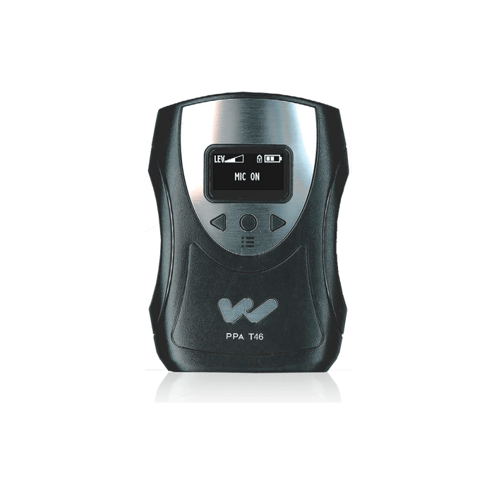 Williams Sound PFM PRO Personal FM Listening System PPA T46 transmitter.  The speaker will carry this transmitter and use a microphone. 