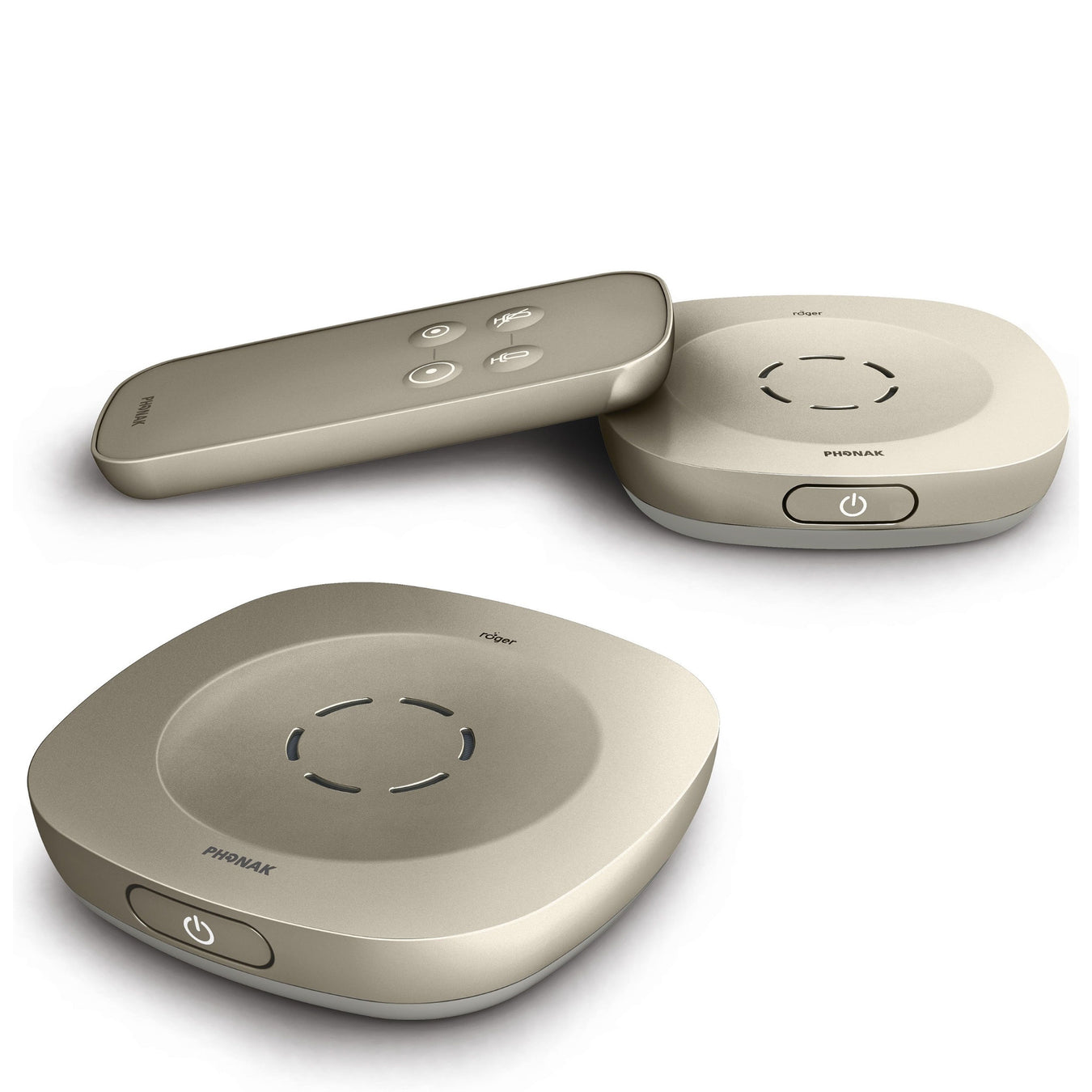Wireless Phonak Roger microphone for better listening in noise and over distance.  Compatible with most hearing aid and cochlear implant brands.  Great for work meetings, conversations, and listening to audio devices. Table microphone with remote control.