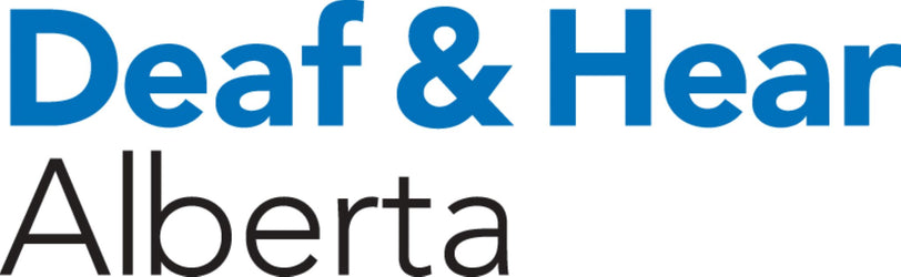 Deaf and Hear Alberta logo with blue Deaf & Hear and black Alberta letters. A non-profit charitable organization that supports Deaf and hard of hearing communities across Canada. Assistive equipment items and workplace assessments are provided. 