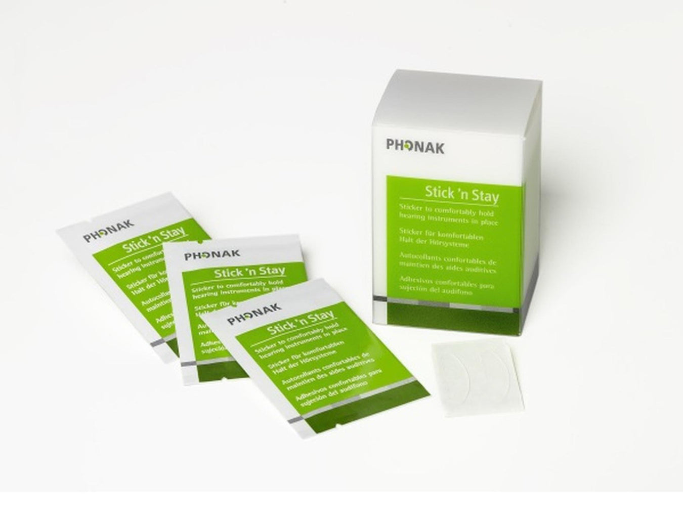 Phonak Stick' n' Stay adhesive stickers that keep hearing aids and CI processors attached behind the ear when the wearer is active. 30 pair are included in each box.  