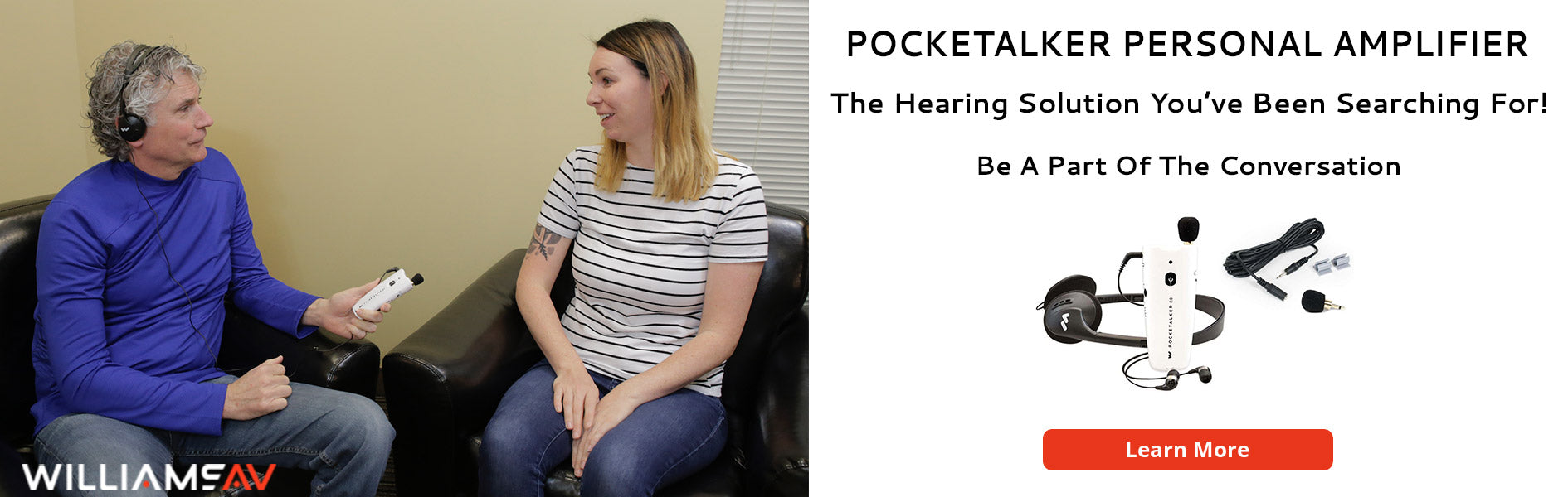 Two people using the Pocketalker to communicate as an amplified assistive listening device for the deaf and hard of hearing. 