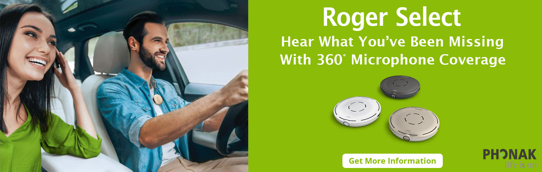 A man and a woman riding in a vehicle using the Phonak Roger Select wireless microphone.  The man has the Roger select clipped to hid shirt and the woman is listening and smiling as they drive. 