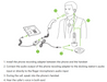 Instruction diagram showing how to set up a phone system, with numbered steps and call-out labels pointing to a desk phone, adapter, docking station, headset, and a person wearing a lapel mic.