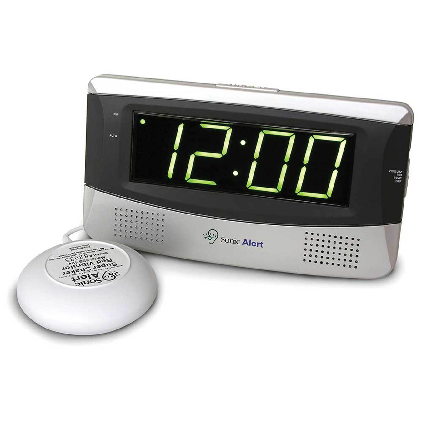 Sonic Alert alarm clock with large screen reading 12:00 pm.  Strong bed shaker disc used to wake Deaf and hard of hearing people.  Never be late for work or school again!