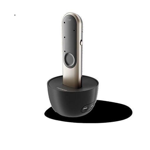 Champagne Phonak Roger On v3 wireless microphone in the black charging base.  
