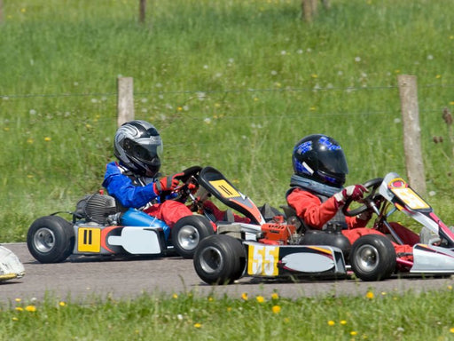 Two individuals in go-karts on a paved track with grass and fence posts in the background.  Hearing protection will help with the noise of the engines. 