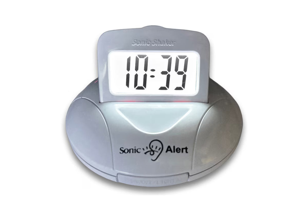 White Sonic Alert Sonic Shaker Rechargeable Travel Alarm Clock Model SBP200 Alarm Clock on a white background