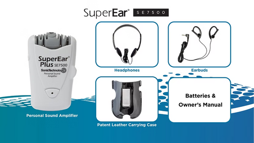 SuperEar ® PLUS SE7500 Sound Amplifier with Headset and  Earbuds Audio Amplifier with patent leather carrying case. 