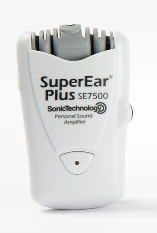 A white SuperEar ® PLUS SE7500 Personal Sound Amplifier. 