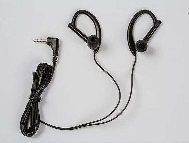 Black SuperEar Replacement Hook-Style Stereo Earbuds LC-EB  on a light grey background. 