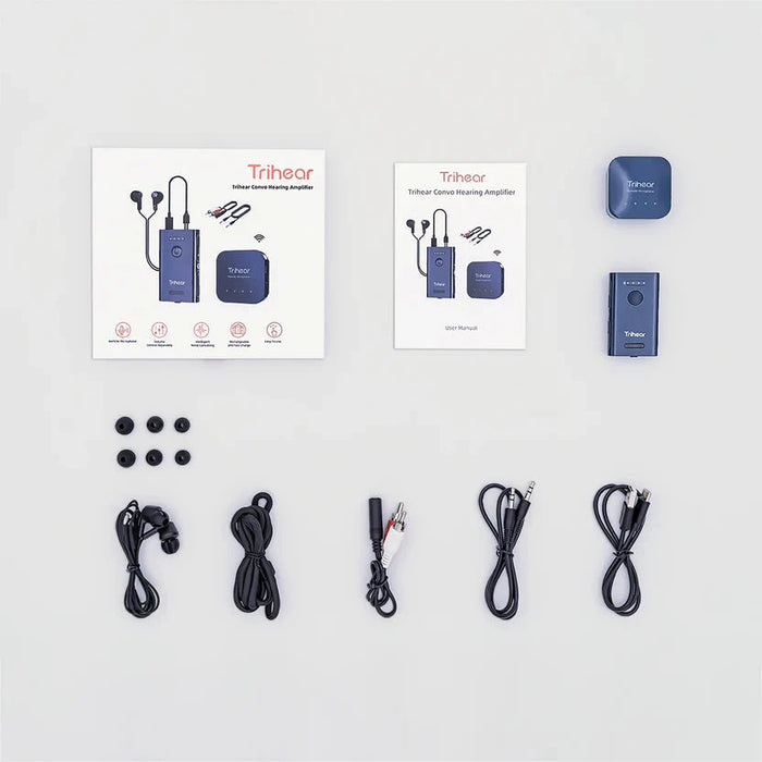 What is in the box with the Trihear Convo More Assistive Listening Device with Remote Microphone?  All items are laid out on a light grey background. 