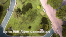 Trihear Convo More Assistive Listening Device with Remote Microphone Personal Amplifier can transmit sound over a distance up to 30 meters. Distance is shown in a photo of a park with pathways.  