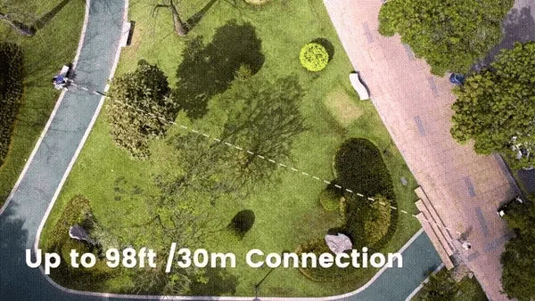 Trihear Convo More Assistive Listening Device with Remote Microphone Personal Amplifier can transmit sound over a distance up to 30 meters. Distance is shown in a photo of a park with pathways.  