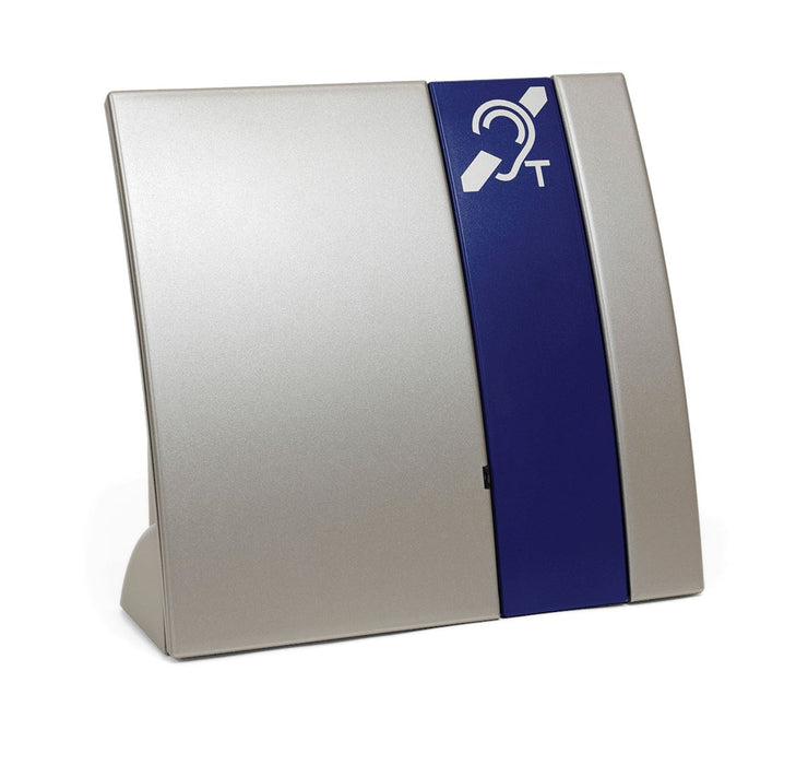 The front view of the silver William Sound Hearing Hotspot Counter Loop PLA 90 with a royal blue stripe and the white T-coil letter T and ear symbol for hearing assistive equipment. 