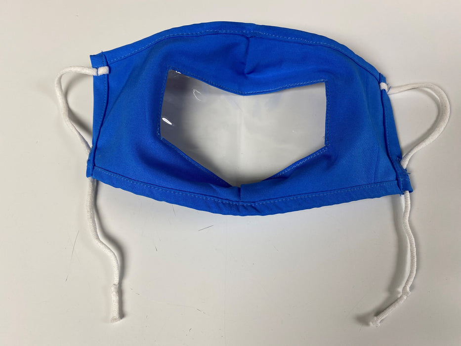 A view inside the Blue Fabric Mask with Clear Window and Drawstring Ear Loops Mask on a white background. 
