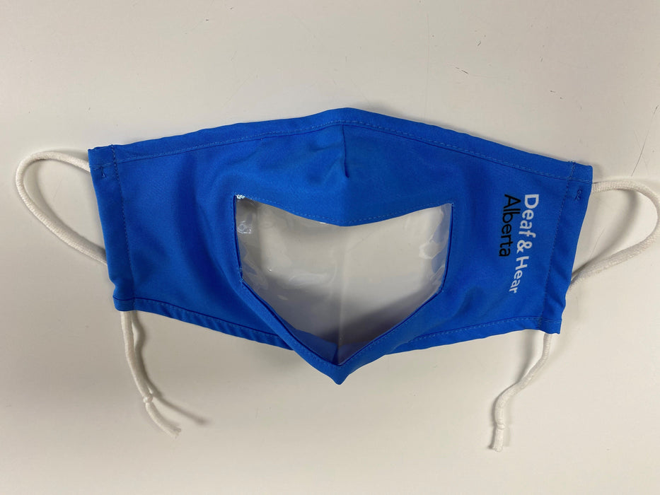 Blue Fabric Mask with Clear Window and Drawstring Ear Loops Mask on a white background. 