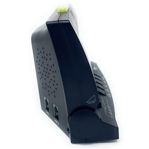 A side view of the Clarity Wake Assure+ Extra Loud Alarm Clock Alarm Clock showing the speaker , volume control know, and the telephone jack connectors available for your home phone line.