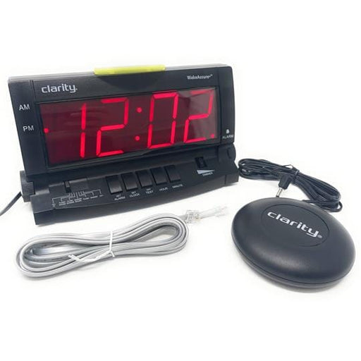 Clarity Wake Assure+ Extra Loud Alarm Clock Alarm Clock with large red numbers, a phone cord and bed shaker disc. 