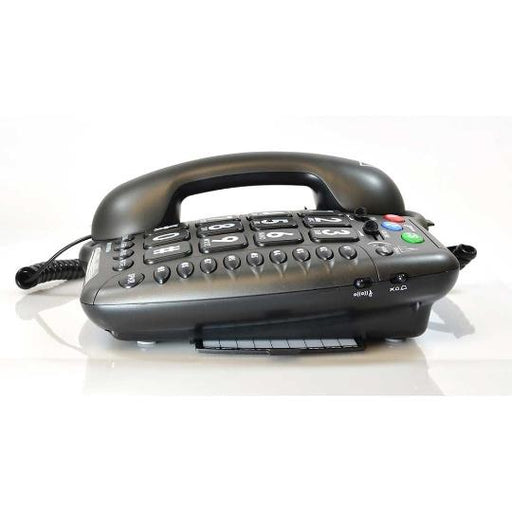 Right side view of the Geemarc Amplipower60 Extra Loud Amplified Telephone on a white background.  The Ringer volume button and alerting option button for flashing light and bed shaker is shown as well as the pull out phone list tab.