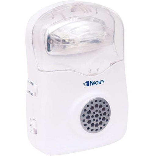 Krown Amplified Telephone Ringer TA005 Telephone alert.  Never miss a phone call with this flasher and loud ringer.  White strobe light on top with a gray speaker on the bottom.