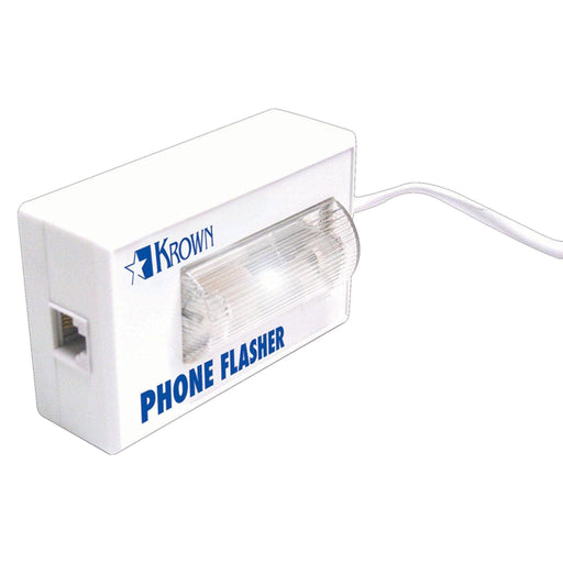 Krown Phone Strobe Flasher KM-PSF.  White rectangular device with a dome shaped strobe light in the middle and a phone jack at one end. 