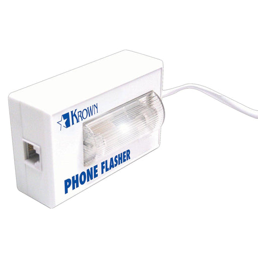 Krown Phone Strobe Flasher KM-PSF.  White rectangular device with a dome shaped strobe light in the middle and a phone jack at one end.