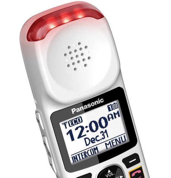 White Panasonic KX-TGM470W Amplified Cordless Telephone handset. Closeup of the flashing ringer light and display screen. 