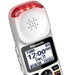 White Panasonic KX-TGM470W Amplified Cordless Telephone handset. Closeup of the flashing ringer light and display screen. 
