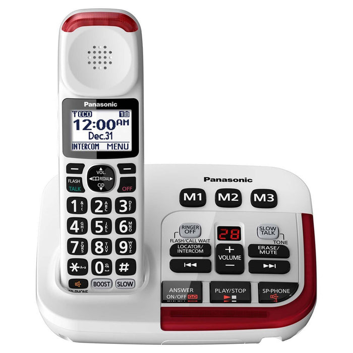 The white Panasonic KX-TGM470W Amplified Cordless Telephone White With Digital Answering Machine on a white background.