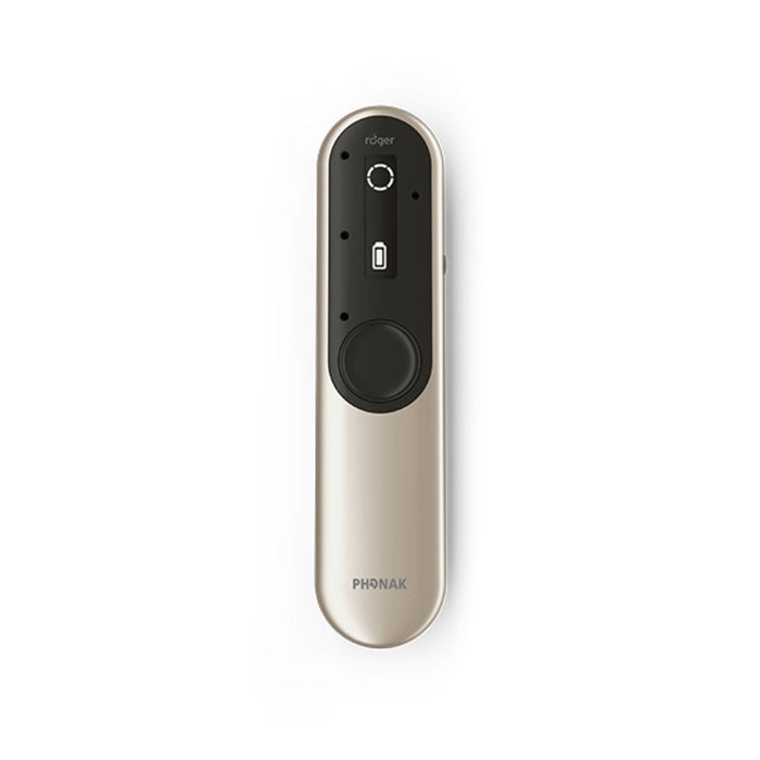 Phonak Roger On V3 Microphone 056-3032-P5011. Shown in the colour of Champaign with the 360-degree Table Mode listening symbol and the full battery icon displayed on the screen.  