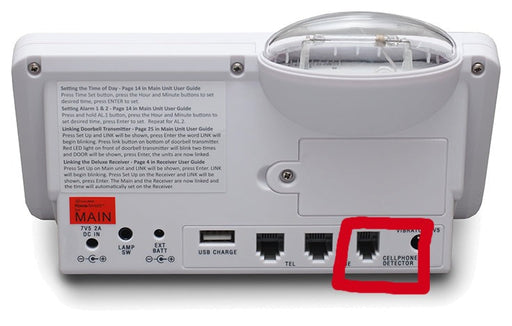 Sonic Alert HomeAware Smartphone Transmitter HA360SPT Home Alarm Systems highlighting in a Red box where the cellphone detector connects to the main unit.