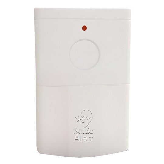 Sonic Alert HomeAware Smoke & CO Sound Signaler HA360SSSCK2-1.  White rectangular box similar to the size of a box of playing cards with a red light indicator for signal transmitting. 