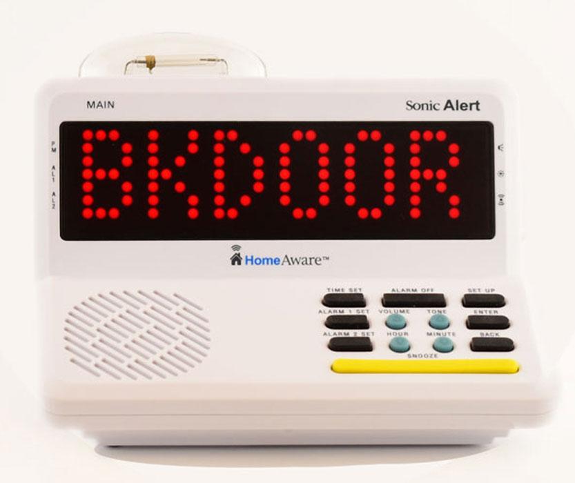 Sonic Alert HomeAware™ Wireless Doorbell HA360DB2-1 sends a wireless message to the main receiver that displays the red word BKDOOR on the black screen. 