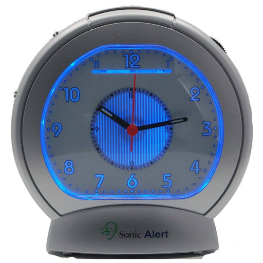 Sonic Alert Sonic Boom Vibrating Alarm Clock SBA475ss Clock Only.  Analog clock face glowing blue around the clock hands.