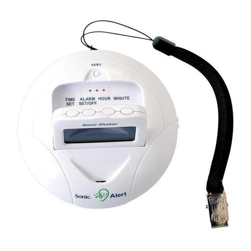 Sonic Alert Sonic Shaker Vibrating Travel Alarm Clock Top View showing the pillow clasp to secure the alarm to your pillow at night and the easy to set controls.