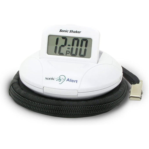 Sonic Alert Sonic Shaker Vibrating Travel Alarm Clock White with 12:00 PM displayed on screen. Travel pouch and pillow clasp are a great added feature. 