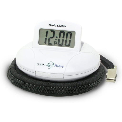 Sonic Alert Sonic Shaker Vibrating Travel Alarm Clock White with 12:00 PM displayed on screen. Travel pouch and pillow clasp are a great added feature.