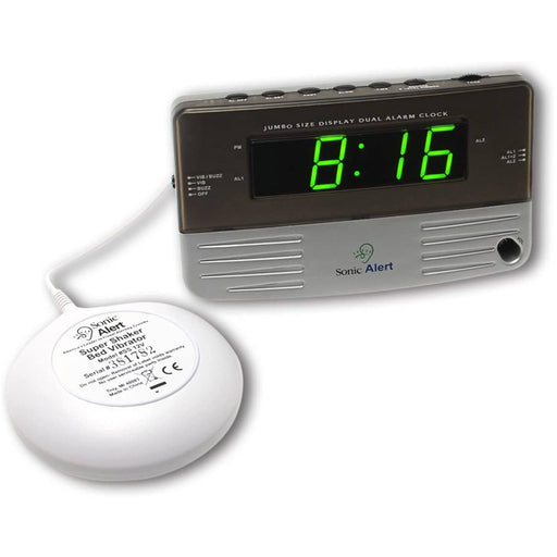 Sonic Boom Shaking Travel Alarm Clock SB200ss.  Brushed Matte Silver with Dark Grey and Green Number Illumination. White super shaker bed vibrator is also included. 