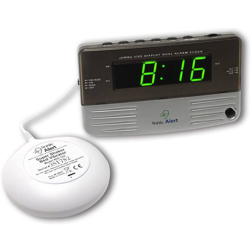 Sonic Boom Shaking Travel Alarm Clock SB200ss.  Brushed Matte Silver with Dark Grey and Green Number Illumination. White super shaker bed vibrator is also included.