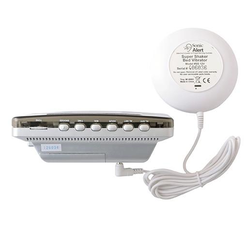 Sonic Boom Vibrating Travel Alarm Clock SB200ss Top View With Shaker.  Alarm buttons on top of the clock for setting time and alarm times as well as the snooze button.